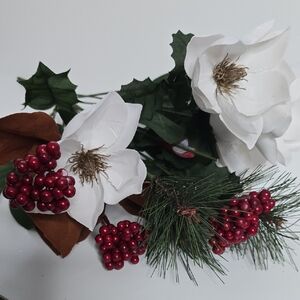 NWT Artificial White Magnolia Flowers, Red Berries and Pine, Holiday